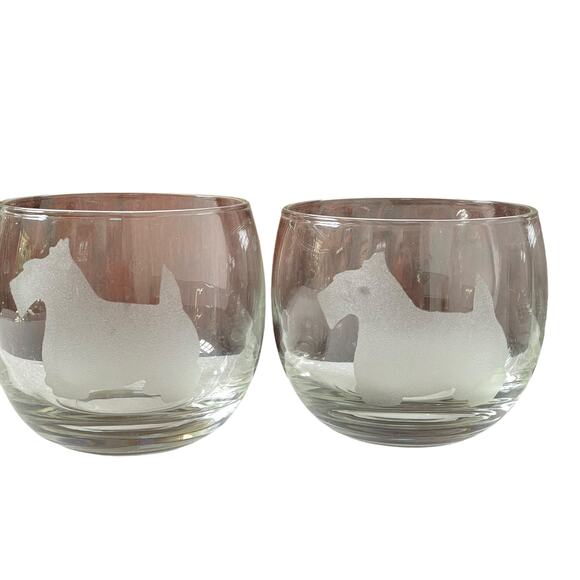 Vintage Etched Scottie Dog Terrier Roly Poly Cocktail Glasses MCM Set of 4 READ - Picture 2 of 12